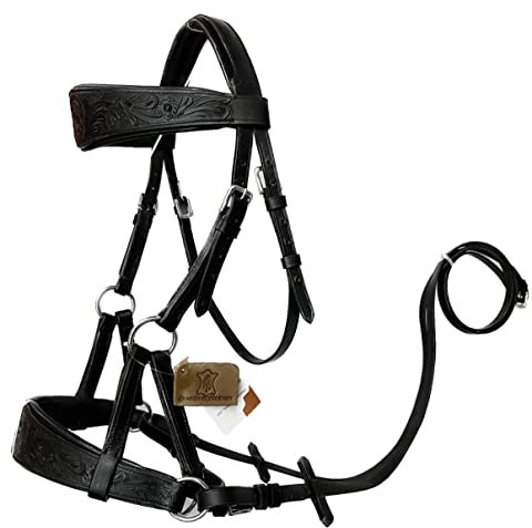 AMAZING HORSE STUFF Sidepull Trensenzaum ohne Gebiss mit Designer-Handschnitzerei auf Augenbrauen und Nasenriemen, oval, Schwarz (Pony)