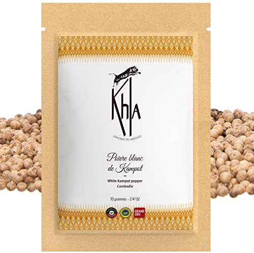 Khla - Poivre blanc de Kampot Bio - Sachet poivre en grains IGP 70g - Recharge moulin - Ingrédient Cuisine - Direct producteur - Production limitée - Epice Asie - Origine Cambodge