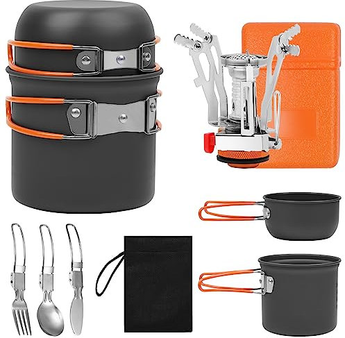 BILIPLE Batterie de Cuisine de Camping, Batterie de Cuisine de Camping avec Mini Réchaud Portable, Ensemble de Cuisine de Camping Pliable, pour 1-2 Personnes, pour Pique-Nique, Camping
