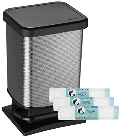 Rotho Paso Mülleimer Küche 20 L Tretmülleimer mit Deckel Carbon Metallic | Abfalleimer Küche mit breitem Pedal, Soft-Close-Deckel, leises Schließen, Edelstahloptik, leicht zu reinigen, Müllbeutel