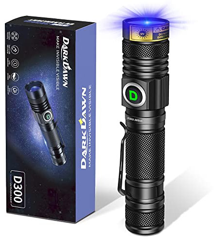 DARKDAWN Torcia UV 365nm Ricaricabile USB, Lampada di Wood Luce Nera, Ultravioletta LED Torce Portatile Mini Zoomabile con Clip, Rivelatore di Urina, Banconota, Ambre, Polimerizzare la Resina, 370nm