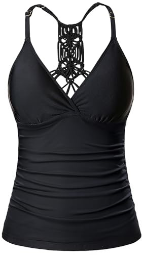 Holipick Tankini Top Only for Women V Neck Tummy Control Swimsuit Ruched Bathing Suit No Bottom Black