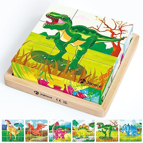 Japace Würfelpuzzle Holz, 3D Bilderwürfel Puzzlespiele 6 in 1 Tier-Motive Holzpuzzle Montessori Spielzeug für Kinder ab 1 2 3 4 Jahren, Lernspielzeug Holzspielzeug für Jungen und Mädchen (Dinosaurier)
