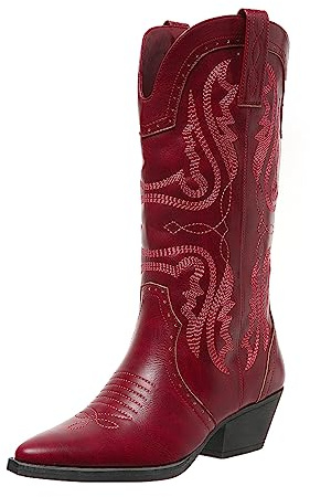 SelRoys Cowboy Boots for Women Cowgirl Mid Calf Western Boots Embroidered Stitched Pointed Toe Chunky Block Heel Brown Red Black US5-11, red, 8