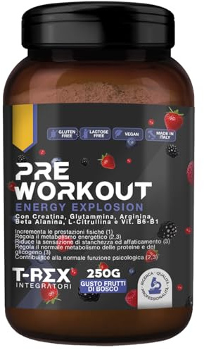 T-Rex Integratori Pre Workout, Energy Drink Potente con Creatina Monoidrata, Citrullina, Taurina, Arginina, Beta Alanina e Vitamine - Senza Caffeina, 250 g (250 g (Confezione da 1), Frutti di Bosco)