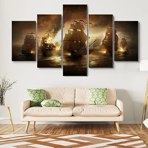 WAGYU 3D Wandaufkleber Kunst Malerei, moderne bilder Wohnzimmer mit Rahmen, Kunstdruck auf Leinwand, XXL Bilder auf Leinwand Schiffe, Leinwanddrucke 5 Panels, 5 Stück Leinwandbilder 150x80cm