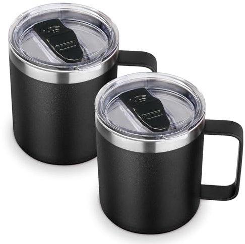 Volhoply 410 ml isolerad rostfritt stål kaffemugg med läcksäckt lock, 2-pack, dubbelväggsvakuum reskaffemugg med handtag, campingmugg håller varm/kall (Svart, 2)