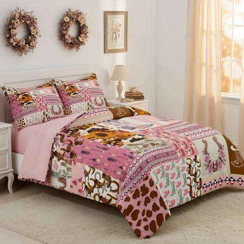 Erosebridal Western Cowgirl Bedding Comforter Sets Cow Print Bedding Pink Room Decor, Boho Sunflower Decor Comforter Set Southwestern Wild West Duvet Insert Horseshoe Pattern Grid Bed Set Full