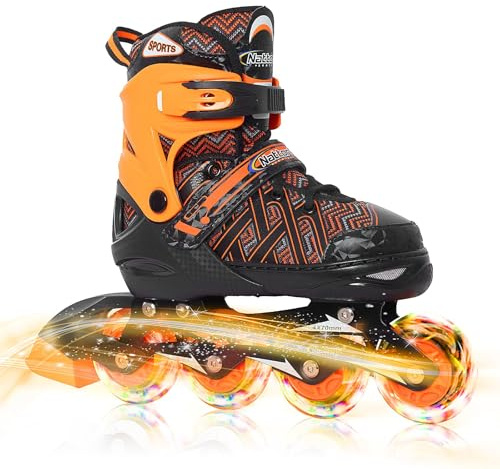Nattork Justerbara inline-skridskor för små barn, pojkar med upplysta hjul – orange barnblad rullskridskoåkning för nybörjare storlek 1, 2, 3, 4 åldrar 7, 8, 9, 10
