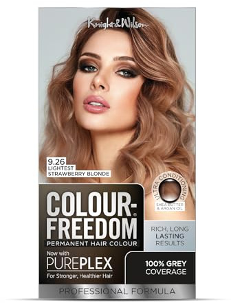 Colour Freedom Lightest Strawberry Blonde Permanent Hair Colour. Formulated with PurePlex to Protect, Restore and Nourish. 100% Grey Coverage. 9.26 Lightest Strawberry Blonde. By Knight & Wilson