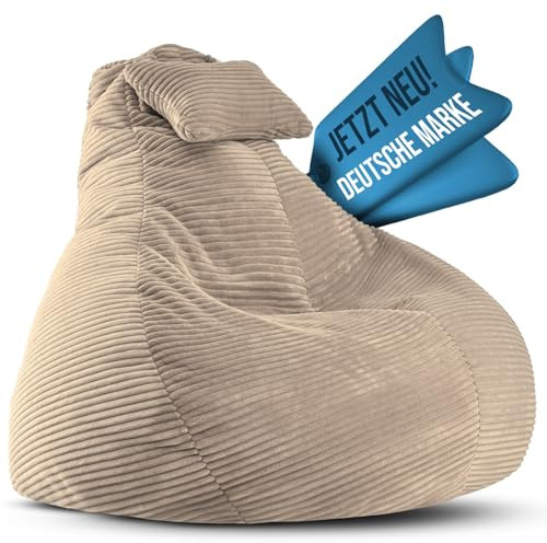 LazyCloud Sitzsack für Erwachsene mit integrierter [Nackenstütze] Cord | XXL Indoor Bean Bag mit Füllung | perfekt als Chill-, Lese- oder Gaming Sessel (90 x 80 x 70 cm) (Sandbeige)
