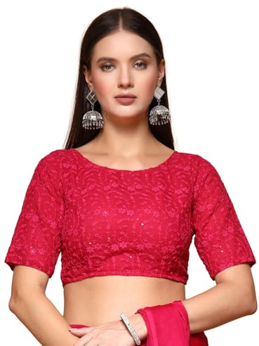 OOMPH! Zari Work Readymade Brocade traditionell etnisk blus med bladmönster, ärmlös, rund hals, för att kombinera med sari, bengas eller plazzo för fusion, rosa, 42