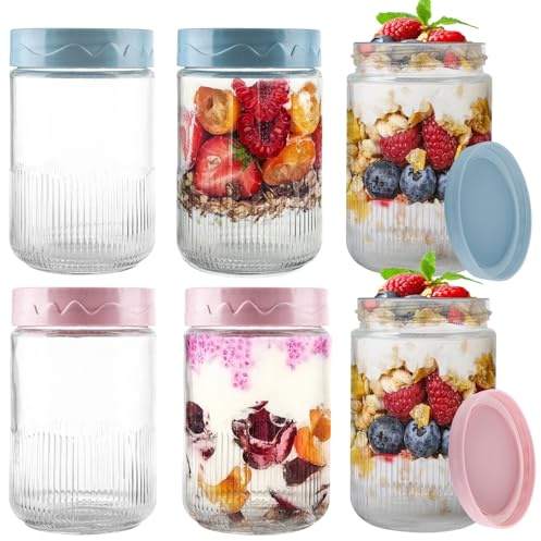 YOUNTHYE 6Pack Overnight Oats Jar, 500ml/16oz Glass Jars with Screw Top Lids, Reusable Overnight Oats Container for Yogurt Pot Oatmeal Salad Cereals Jam Pudding