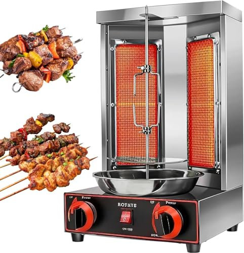 Asador de carne comercial, parrilla eléctrica vertical para kebab, parrilla a gas de mostrador, máquina para pinchos giratorios automáticos, máquina para kebab de interior, perilla doble plateada