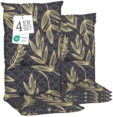 Beo® Barcelona Hochlehner Gartenstuhlauflagen 4er Set | Waschbar | Made in EU | Öko-Tex Standard | Atmungsaktiv | UV-beständig | Extra Dicke Sitzkissen Outdoor