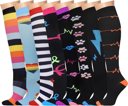 8 Pares Calcetines de Compresión (15-20 mmhg) Hombres Mujeres Soporte Medias Compresión para Atletismo Running Enfermeras Viajes Vuelo Varices (FR/ES, Letras, L, XL, Regular, Regular, assorted huase)