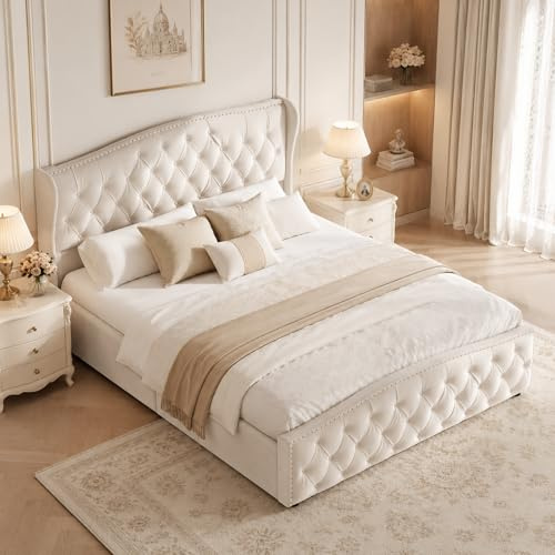 LKPOMI Polsterbett Bett 140x200 mit Stauraum, Hydraulisches Stauraumbett Jugendbett mit Kopfteil, Doppelbett Bettgestell mit Bettkasten und Lattenrost, ohne Matratze, Samt (Beige 2, 140 x 200 cm)