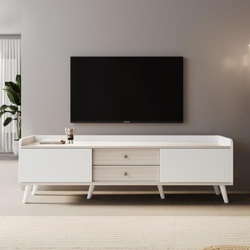 Mueble de TV con dos cajones, mesa de televisión, tablero de TV, mueble bajo de TV con dos puertas correderas. Textura exquisita, 160 x 40 x 58 cm (blanco + madera)