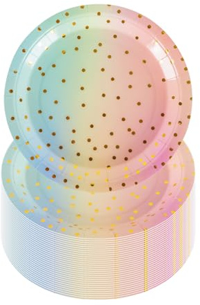 CEILIWEN Lot de 50 assiettes en carton de 18 cm – Motif à pois roses et dorés pour anniversaire, fête prénatale, Noël, fête sur le thème de l'arc-en-ciel et tout événement