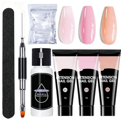 Polygel Nail Kit - 3 Colours Builder Gel for Nails & Gel Extension Nail Kit - Pink Nude Poly Gel Nail Extension Kit for DIY Nail Art - Gel Extension Nail Art Gifts Kits for Women