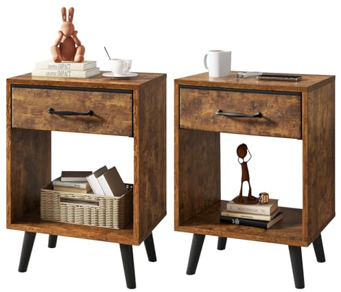 YMYNY Set de 2 Mesitas de Noche, Mesa Auxiliar de Salón, Cajón de Tela con Asa, Ripiano Abierto, Patas de Madera Maciza, Estilo Industrial Rétro, 39x29.5x59.5 cm, para Dormitorio, Marrón HST020H-2