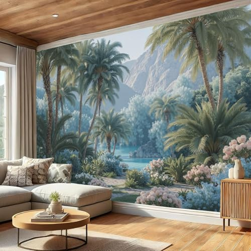 DLERFLOVR Papel Pintado de Pared Palmeras Densas Fotomurales Pintura De Acuarela De La Selva Tapiz Fotográfico Decorativos Papel para Pared Salón Pasillo Dormitorio Comedor,350x250cm, Verde