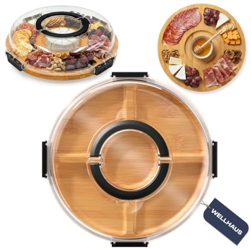 Wellhaus Tabla de quesos con tapa - Tabla de servir aperitivos de bambú y antipasti, tabla redonda de queso, bandeja portátil para servir picnic, 30 x 30 x 6,5 cm