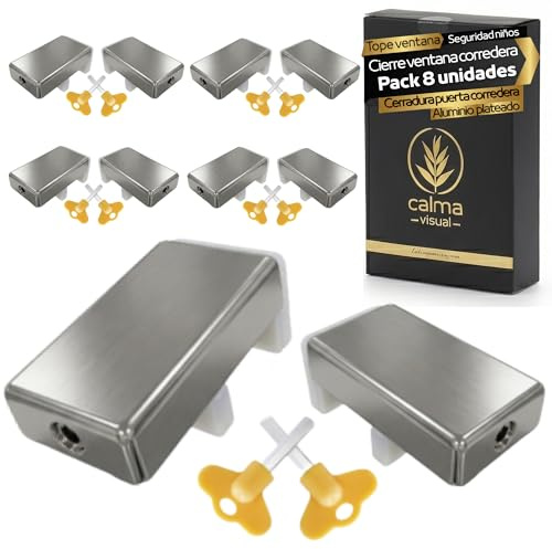 Pack 8 Cierre Ventana Corredera con Llave – Bloqueo Ventanas Correderas Aluminio Plata – Seguro Ventana Corredera para Niños y Mascotas – Cerradura Puerta Corredera – Tope Seguridad Ventanas