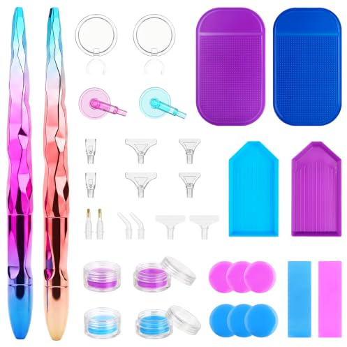 HavaCue 36Pcs Diamond Art Pens Set, 14 Replacement Tips, 2 Anti-shlip Mats | 5D Diamond Painting Pens Set, Diamonds Art Accessories with 2 Magnifying Glasses, 2 Trays, 14 Wax for DIY Crafts, Nail Art