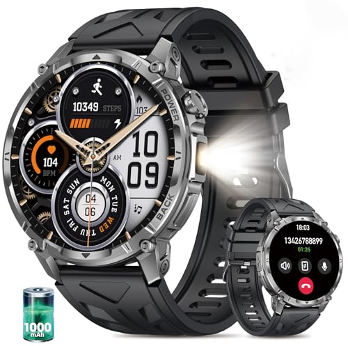 SLOKSFil Reloj Inteligente Hombre Militar con Batería 1000 mAh y Linterna LED, 1.7” Smartwatch Hombre con Llamadas Bluetooth Pulsómetro SpO2 Sueño 110+ Modos Deportivos Android iOS (Negro 1, Silicona)