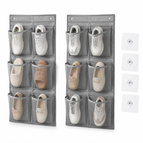 2 Stück Hängendes Camping-Schuhregal, je 6 Taschen, mit 2 Klebehaken, Grau