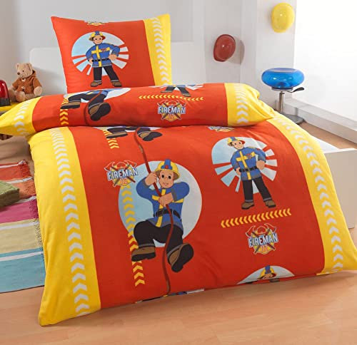 DreamHome 2 teilige Kinder Warme Kuschel Fleece Bettwäsche 135x200 + Kissenhülle 80x80 Einhorn Feuerwehrmann Pferd Pinguin, Designe:Feuerwehrmann