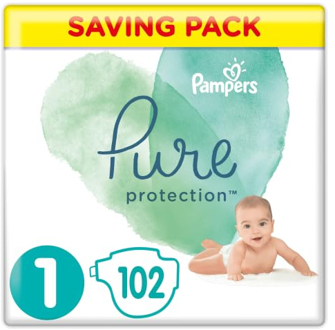 Pampers Baby Nappies Size 1 (2-5 kg / 4-11 lbs), Pure Protection (Harmonie), 102 Count, Monthly Savings Pack, Baby Essentials for Newborn