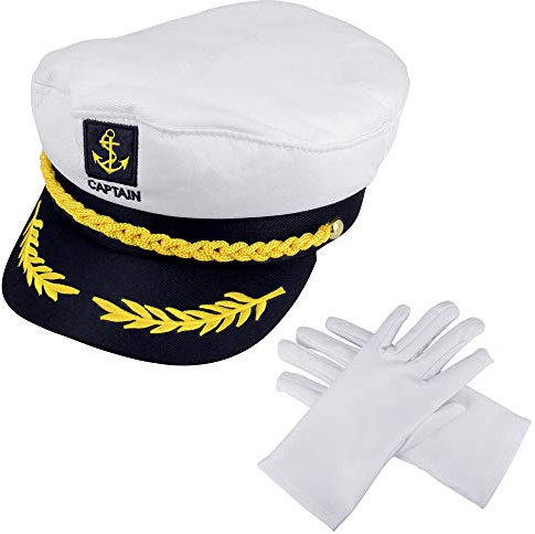 PERFETSELL Kapitänsmütze Verstellbare Marine Mütze Weiß Kapitän Mütze mit einem Paar Handschuhe Faschingskostüm Zubehör für Kinder Damen Herren Junge Karnevalsparty Motto-Party Fasching Party Karneval