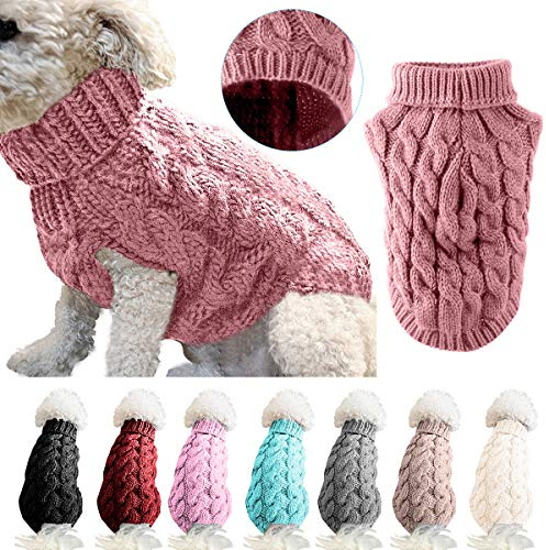Rollkragen-Strickpullover für Haustiere, Winterwärmer, Dicker Pullover, Strickwaren, Häkelmantel, Kleidung für kleine, mittelgroße und große Hunde, Welpen, Katzen (L, Rose)