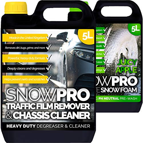 SnowPro Traffic Film Remover Chassis Cleaner 5L and Apple Snow Foam 5L – Removes Dirt, Grime, Grease, Oil and Bugs - Multi-Vehicle For Use on Cars, Trucks, Vans, Motorbikes & More