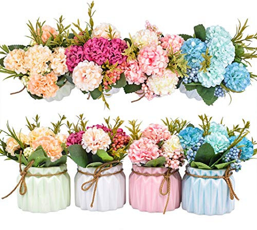 XONOR Artificial Flower Plants – Mini Fake Hydrangea Flowers in Pot for Home Decor Party Wedding Office Patio Table Desk Decoration (Set of 4)