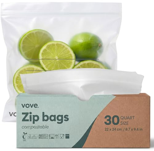 Vove Compostable 1 Litre Zip Bags 30 Count, Plant-Based and Plastic-Free | PFAS-free, BPI certified, freezer safe airtight seal, for leftovers, marinades and meal prep