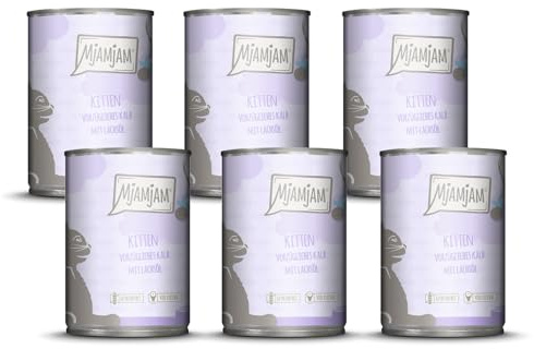 MjAMjAM - premium våtfoder för katter - kattunge utmärkt kalv med laxolja, förpackning om 6 (6 x 400 g), spannmålsfri med extra kött