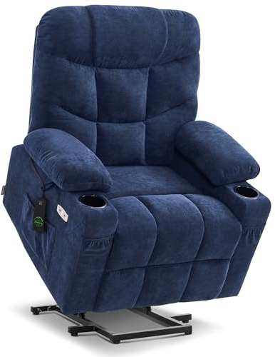 MCombo Recliner Armchair Lift Chair for Elderly, Power Electric Riser Recliner for Living Room, Fabric Reclining Sofa Chair, Extended Footrest, Type C+USB Ports, 2 Cup Holders 7287 (Navy Blue, Medium)