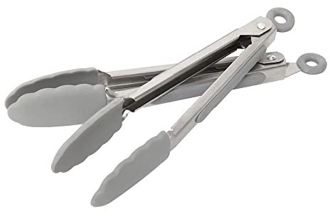 Wiltshire Mini Silicone Kitchen Tongs 18cm, Set of 2, Cooking & Serving, Heat Resistant, Non-Stick for Air Fryer, Salad Pasta, Non-Scratch, Locking Mechanism, Non-Slip Handle, 18x11x3cm, Grey & Silver