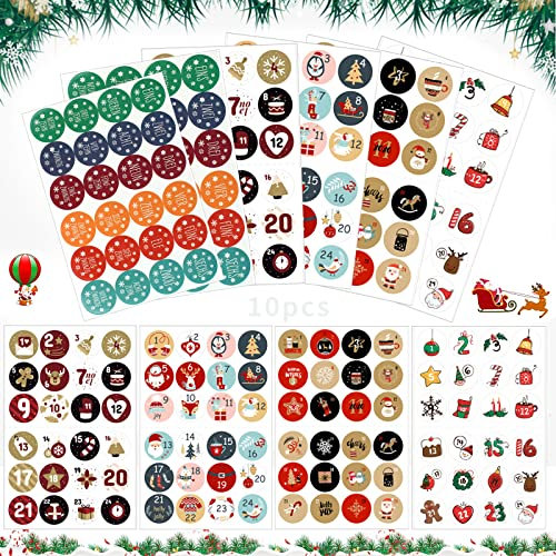 10pcs Aufkleber Weihnachten Adventskalender, Adventskalender Zahlen Aufkleben runde Zahlenaufkleber, Adventskalender Zahlen Aufkleber, Weihnachten Zahlen Sticker zum Basteln und Dekorieren (C)