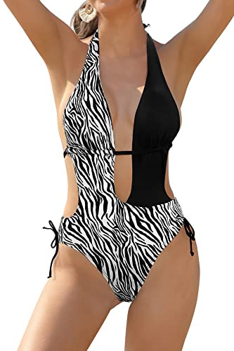 SHEKINI Mujer Traje de Baño de Una Pieza Elegante Halter Ajustable Cutout Impresión Monokini Slim Bañador Control Abdomen Bikini de Una Pieza Ropa de Playa(M,Estampado de Cebra)