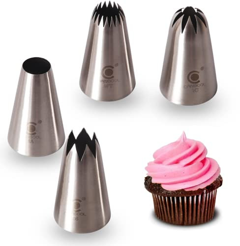 Cangool 4 Professionelle Spritzspitzen Extra Groß (XL) (8A, 356, 1C und 9FT) zum Dekorieren von Kuchen, Cupcakes, Churros, Torten und Keksen - Düsen kompatibel mit Spritzbeutel