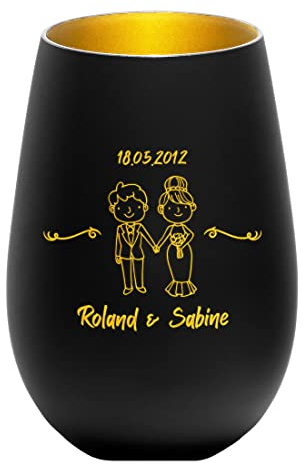 Teelichtglas Kristallglas in schwarz-Gold mit Wunschgravur - Motiv Hochzeitspaar - Glas Teelichthalter, Windlicht - personalisiertes Geschenk - für Hochzeit, Jahrestag, Verlobung - Paare