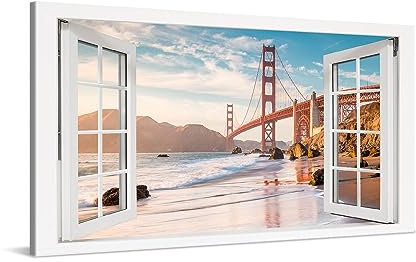 PICANOVA – Leinwandbild 100x50cm Golden Gate Bridge San Francisco Fenster – Leinwanddruck – Wandbild Kunstdruck Auf 2cm Holz-Keilrahmen Für Schlaf- Und Wohnzimmer Wanddekoration – Bild auf Leinwand