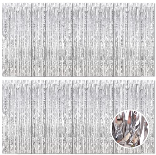 20 Pack Silver Foil Curtain Backdrop 3.2ft x 8.2ft Foil Fringe Backdrop Curtain Metallic Tinsel Foil Fringe Curtains Streamer Backdrop Curtains for Birthday Party Decorations Photo Booth (Silver)