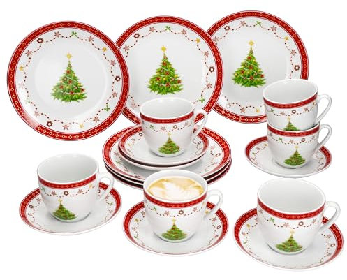 MamboCat Weihnachtstraum 18tlg Kaffeeservice I Porzellan-Kaffeeset für 6 Personen mit Weihnachtsdekor I Je 6X Kaffeetassen 190ml, Untertassen & Kuchenteller I Geschirr für Weihnachten & Nikolaus