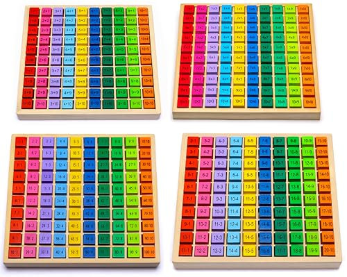 Natureich Lernset: 4er-Pack Rechenbrett für 1x1, Division, Plus, Minus, Multiplikationsbrett, Lernen für Grundschüler Einmaleins Tafel Holzrechenbrett Holzwürfel