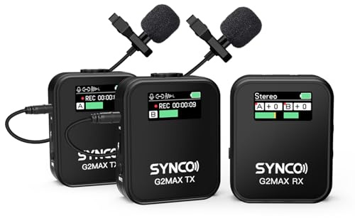 SYNCO Wireless Lavalier Microphone, G2(A2) MAX 2.4G Dual Transmitter 24 Hours Recording 656FT 8H for Online Class Vlog Stream YouTube for DSLR Phone Laptop, Professional-Lapel-Mics-for-Cameras